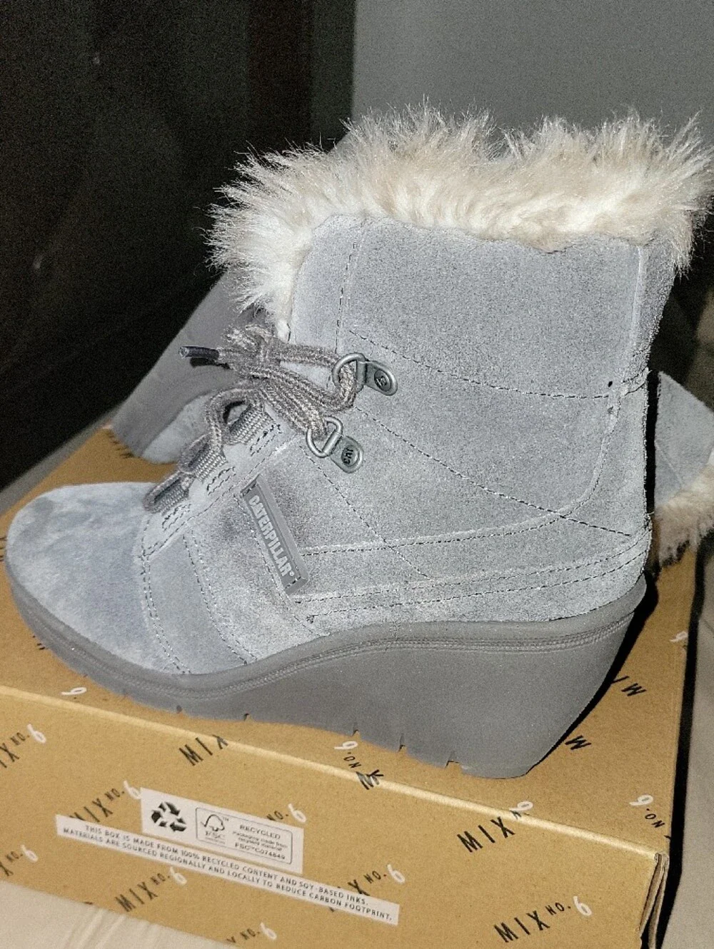 Caterpillar Gray Suede Faux-Fur Wedge Ankle Boots
